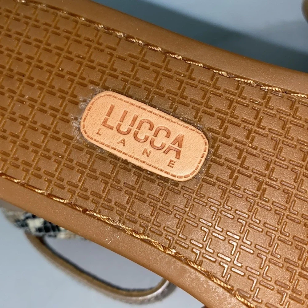 Lucca Lane Karel Leather Snake Print Platform Ankle Strap Sandals